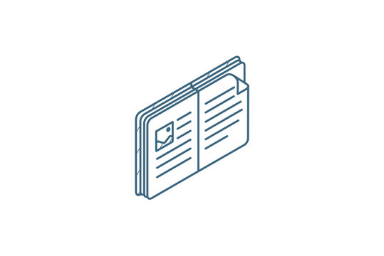 Open book isometric icon. 3d line art technical drawing. Editable stroke vector