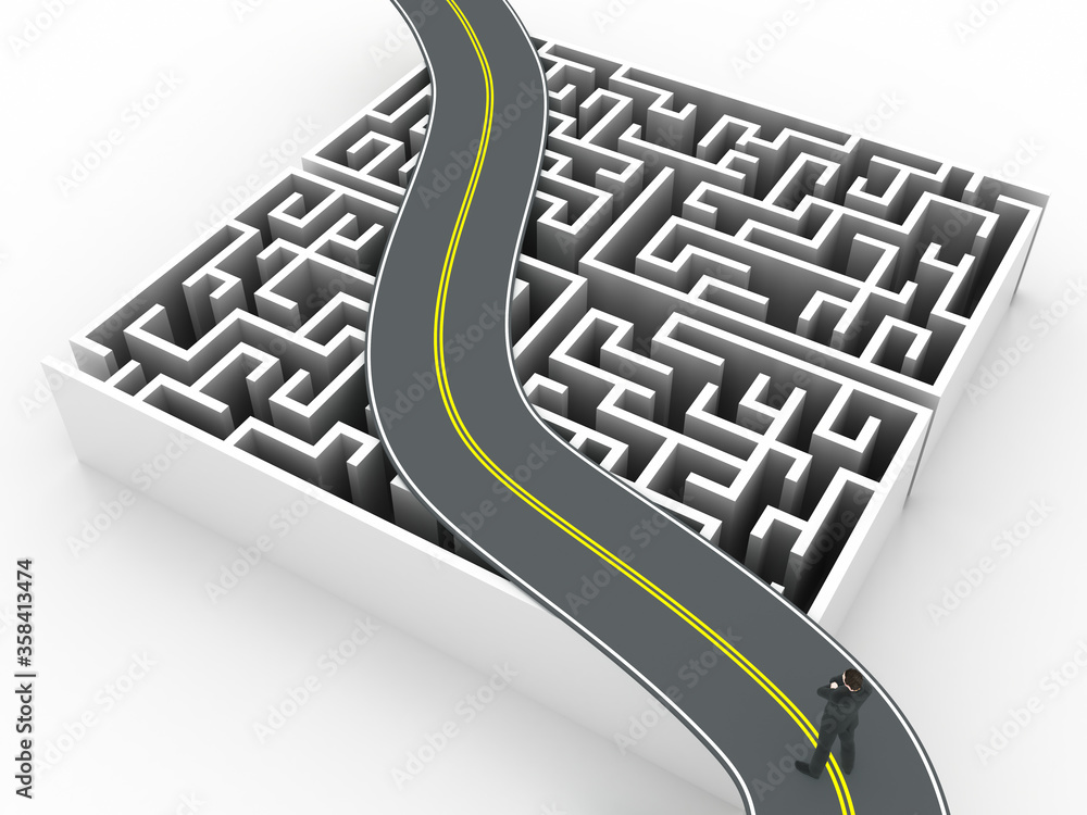 Poster maze concept, challenge and human choices theme. original 3d rendering