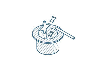 Magic hat and wand with sparkles isometric icon. 3d line art technical drawing. Editable stroke vector