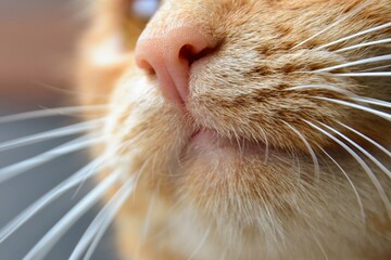 Cat's face close up. Close-up portrait of redhead cat. Nose and mouth of a cat, close-up. A beautiful cat close up with pink nose.Close up profile portrait of cute ginger cat. Selective focus