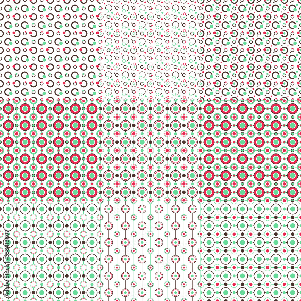 Poster set of abstract vector seamless pattern with color circles and rings.