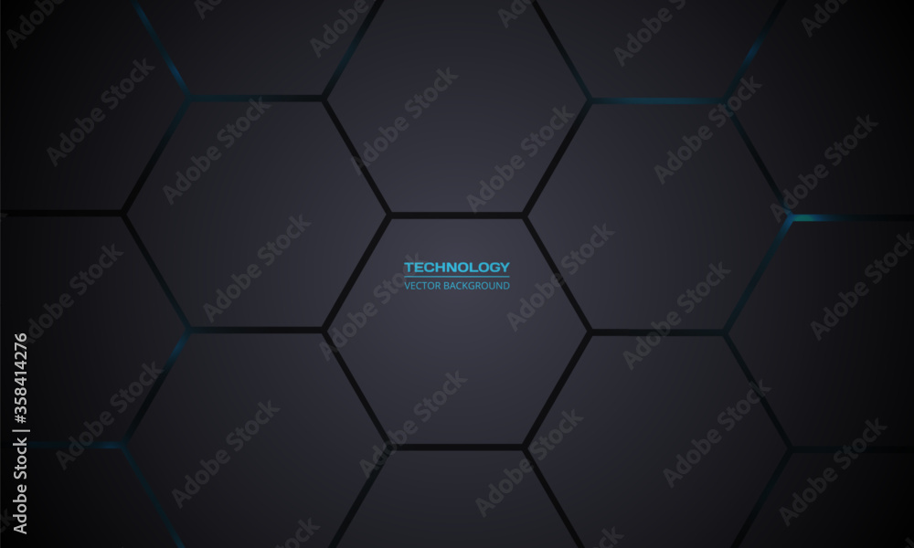 Poster technology hexagonal dark vector background. abstract blue bright energy flashes under hexagon in da