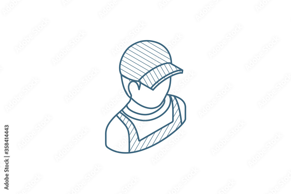Poster delivery man in red uniform isometric icon. 3d line art technical drawing. editable stroke vector