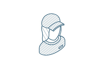 Beautiful woman in red uniform avatar isometric icon. 3d line art technical drawing. Editable stroke vector