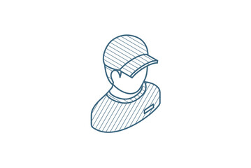 Delivery man in red uniform, courier isometric icon. 3d line art technical drawing. Editable stroke vector