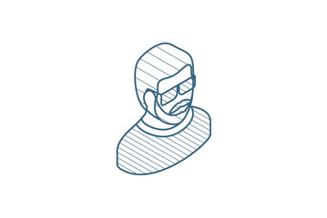 Avatar, man in Sun glasses isometric icon. 3d line art technical drawing. Editable stroke vector