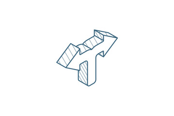 Junction, Separation, two paths, ways isometric icon. 3d line art technical drawing. Editable stroke vector