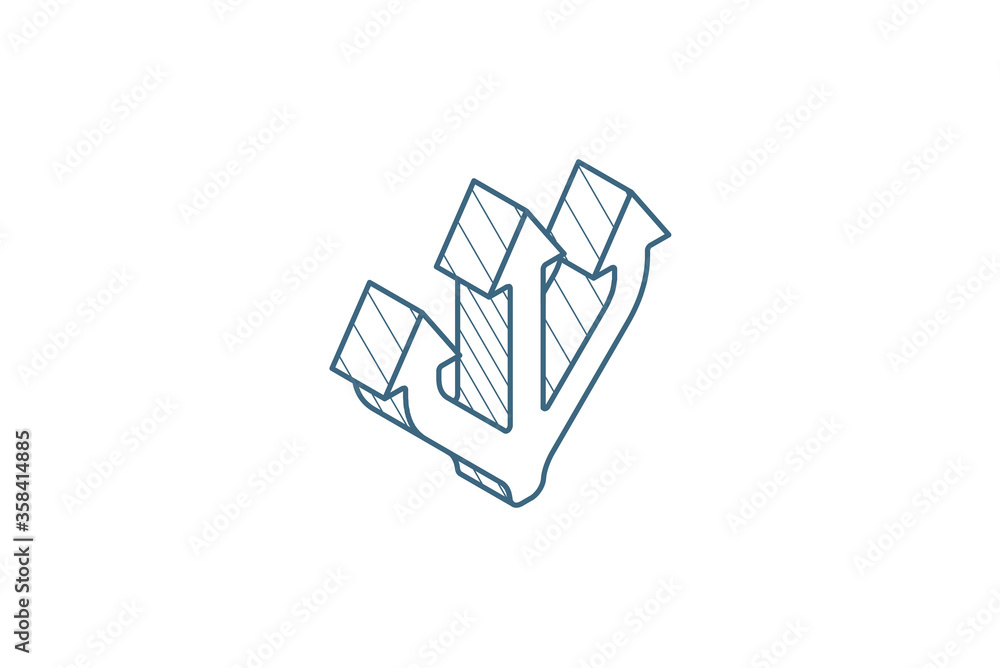 Poster junction separation, three way isometric icon. 3d line art technical drawing. editable stroke vector