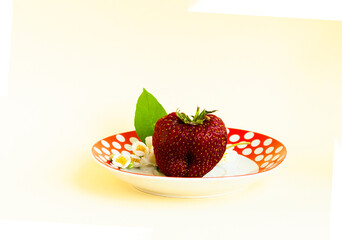 strawberries with jasmine flower on a plate on a light background. place for text