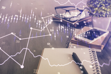Double exposure of forex chart drawing and cell phone background. Concept of financial trading