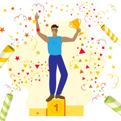 Winner concept. Strong smiling man is standing on a winners pedestal with a golden cup.