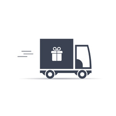 Delivery car with gift icon on white background. vector symbol in flat simple style