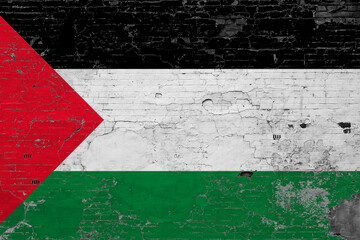 Palestine flag on grunge scratched concrete surface. National vintage background. Retro wall...