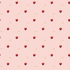 cherry seamless pattern over pink background. pastel color. summer food concept.
