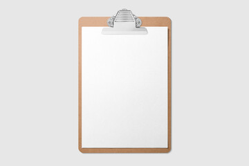 Real photo, wooden clipboard with blank A4 paper mockup template, isolated on light grey background. High resolution.