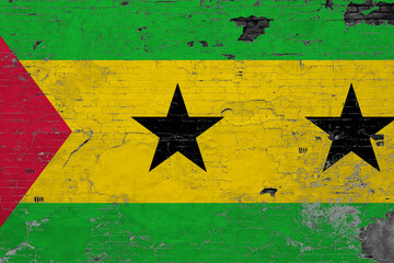Sao Tome And Principe flag on grunge scratched concrete surface. National vintage background. Retro...