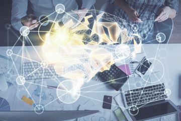 Double exposure of man and woman working together and human brain hologram drawing. Brainstorm...