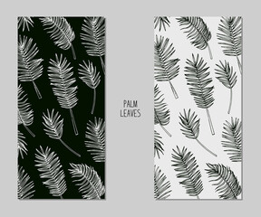 Two cards with hand drawn sketch style palm leaves. Tropical label. 