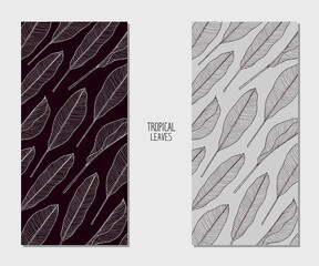Two cards with hand drawn sketch style heliconia leaves. Tropical label. 