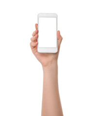 Female hand with mobile phone on white background
