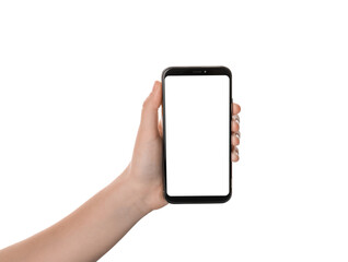 Female hand with mobile phone on white background