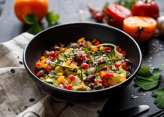 Healthy vegetarian salad with fresh vegetables and herbs in a black bowl close up view