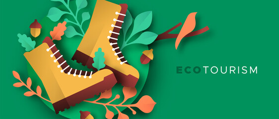 Eco tourism papercut nature hiking boots banner