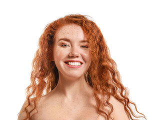 Portrait of beautiful redhead woman on white background
