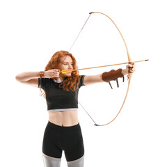 Beautiful female archer with bow on white background