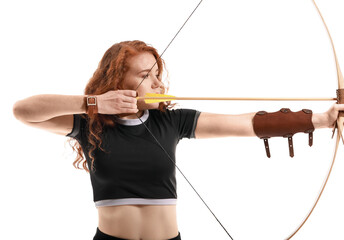 Beautiful female archer with bow on white background