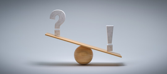 wooden scale balancing a question mark and an exclamation mark tipping more the right side on colorful background - obrazy, fototapety, plakaty