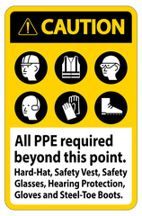 Caution PPE Required Beyond This Point. Hard Hat, Safety Vest, Safety Glasses, Hearing Protection