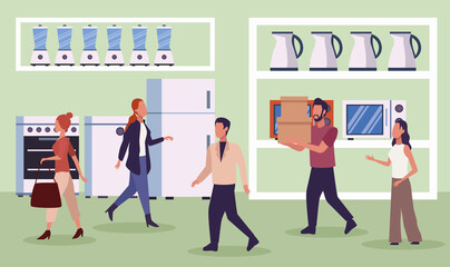 group of people in appliance store in shopping day