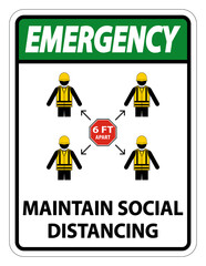 Emergency Maintain social distancing, stay 6ft apart sign,coronavirus COVID-19 Sign Isolate On White Background,Vector Illustration EPS.10