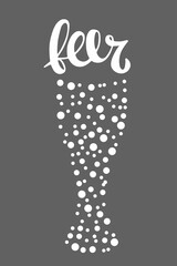 Beer lettering with beer glass with bubbles. Vector Handwritten word with design element isolated on gray. Oktoberfest background Concept for pub, bar, restaurant menu, party decor, Tshirt print, logo