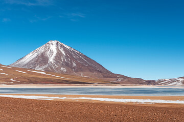 Laguna Verde or Green Lagoon in winter with the Licancabur volcano in the snow, Eduardo Avaroa...