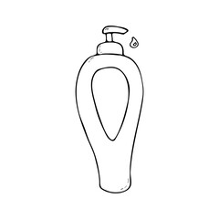 Bottle with dispenser and drop. Cosmetic and perfumery accessory. Vial with washing gel. Outline vector hand drawn illustration isolated. Care product. Wellness design elements. Women care