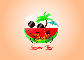 Naklejka premium Summer time vector poster design with white circle for and colorful beach elements against white background. Vector drawing.