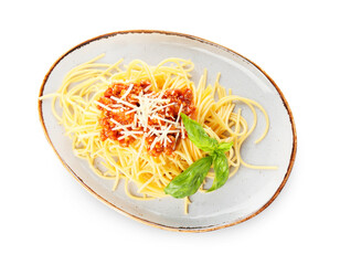 Plate with tasty pasta bolognese on white background