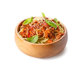 Bowl with tasty pasta bolognese on white background