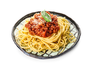 Plate with tasty pasta bolognese on white background