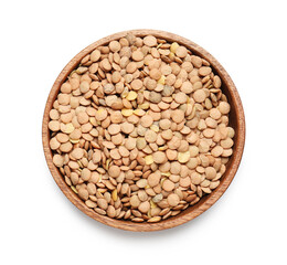 Bowl with lentils on white background