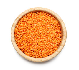Bowl with lentils on white background