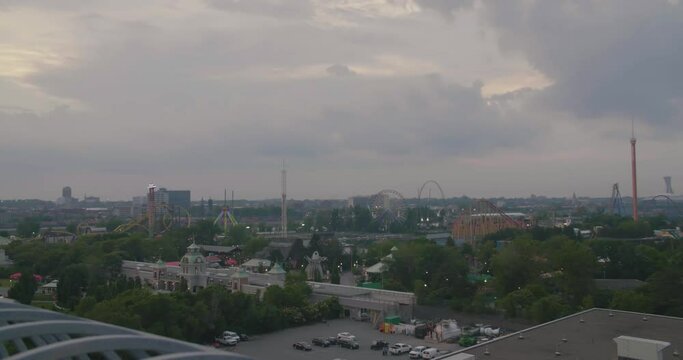 Montreal, QC, Canada - April 15, 2017: high angle shot of Saint Helen's Island from Jacques Cartier Bridge, view of Six Flags, La Ronde amusement park