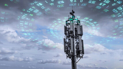 telecommunication tower transmitting digits signals of cellular mobile 5g 4g 3g. Simulated radio waves - obrazy, fototapety, plakaty