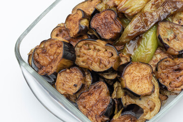 Turkish Food Fried, Aubergine or Eggplant Slices and potatoes on the glass plate.