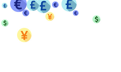 Euro dollar pound yen round signs scatter money vector illustration. Deposit backdrop. Currency 