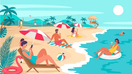 Fototapeten Different people resting on the tropic summer beach vector illustration © HilaryDesign