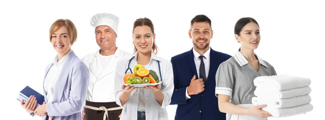 Career choice. People of different professions on white background, banner design