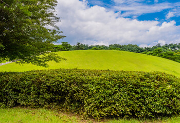 Tomb of King Muryeong behind green shrubbery under cloudy sky in Gongju, South Korea.